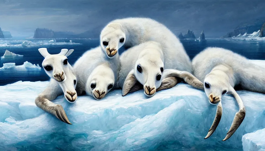 Image similar to highly detailed painting of cute furry white baby seal giraffes with big furry antlers cuddling into each other on a blue and white iceberg by william turner, by greg rutkowski, by william constable, thick brush strokes and visible paint layers, 4 k resolution