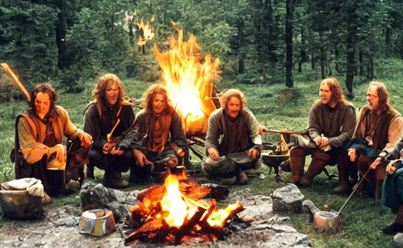 Prompt: the fellowship of the ring making s'mores around a campfire