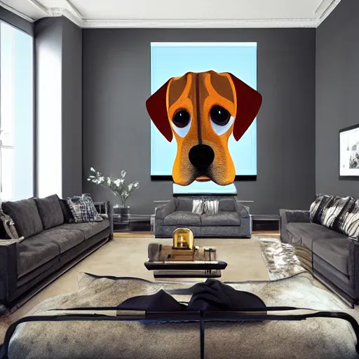 Image similar to a large lamp, shaped as a 3d beagle puppy head, placed in a large living room, art designers magazine HD photo superrealism 3d 8k resolution