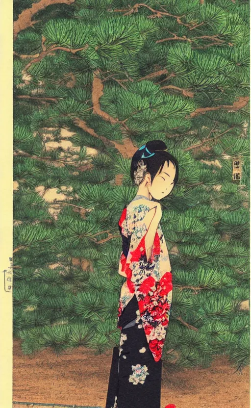 Prompt: by akio watanabe, manga art, a girl and japanese pines, trading card front, kimono, realistic anatomy, sun in the background