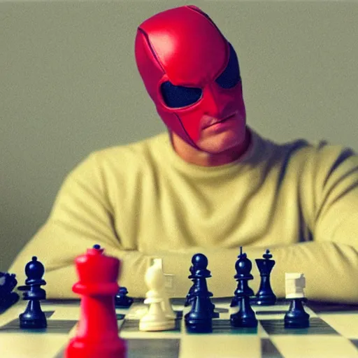 Prompt: daredevil pondering next to a chess set, photograph, octane, painting by greg ruthowski, artstation