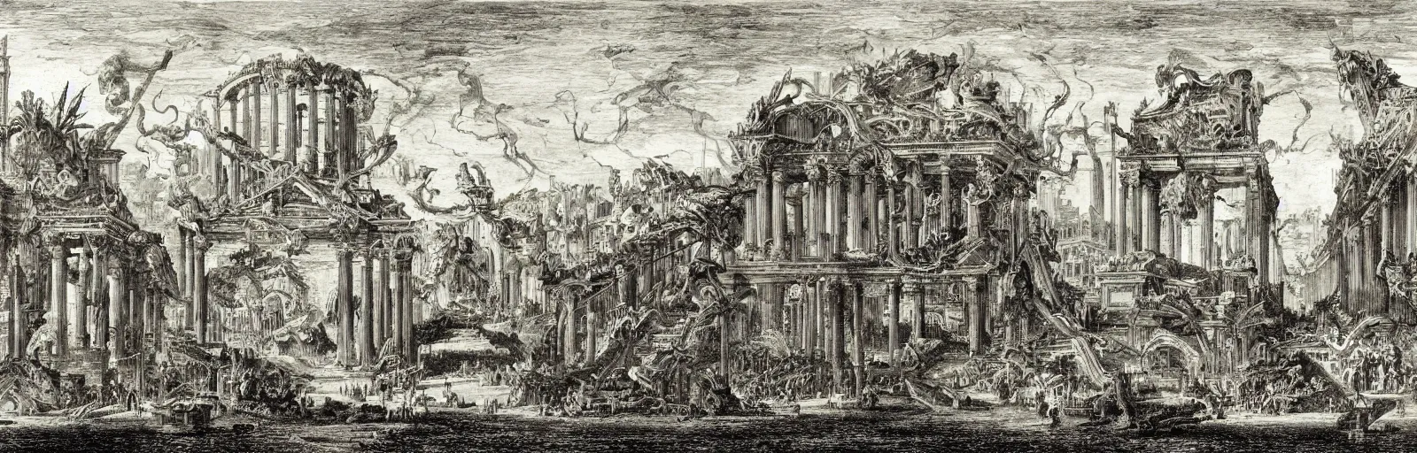 Prompt: a imaginative and theatrical architectural landscape, etching by giovanni battista piranesi