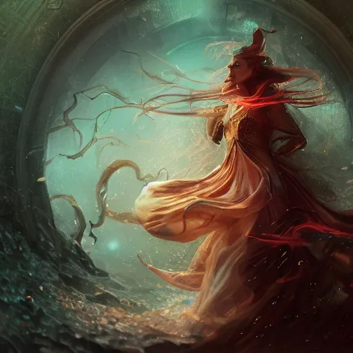 Image similar to Magician, female, fantasy, bangles, explosion, dramatic, intricate, elegant, highly detailed, digital painting, artstation, concept art, smooth, sharp focus, illustration, art by Hieronomous Bosch, octane render, art by Leesha Hannigan, Ross Tran, Thierry Doizon, Kai Carpenter, Ignacio Fernández Ríos