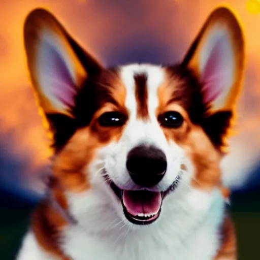 Prompt: corgi attaining [ angelic wings ]!!, [ flying like a superhero ]!! in the [ night sky ]!! where the stars are visibly perceptible, [ realistic photo ]!!, [ 4 k photorealism ]!!, trending on unsplash