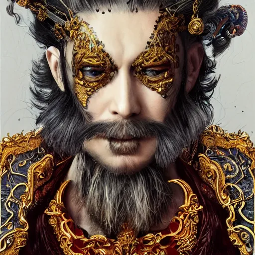 Image similar to portrait, headshot, insanely nice professional hair style, dramatic hair color, digital painting, of a old 17th century, old cyborg merchant, amber jewels, Chinese Three Kingdoms, baroque, ornate clothing, scifi, realistic, hyperdetailed, chiaroscuro, concept art, art by Franz Hals and Jon Foster and Ayami Kojima and Amano and Karol Bak,