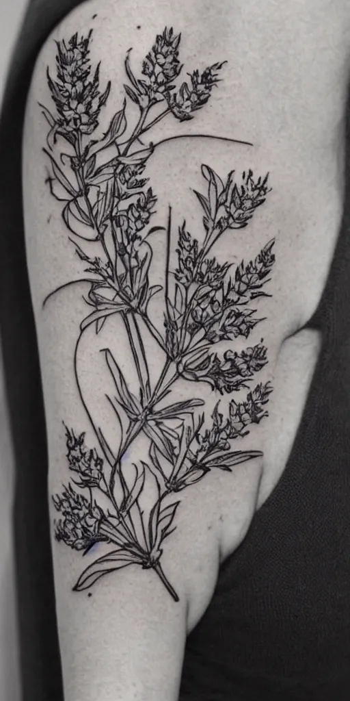 Prompt: botanical tattoo of verbena and lavender flowers, by m. c. escher, inking on skin