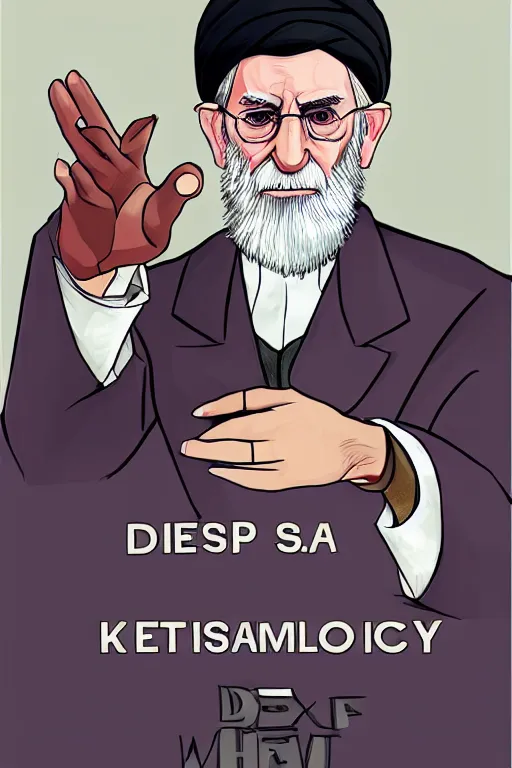 Prompt: khamenei, with quotes : destroy destroy america, pointing index finger, delete duplicating content, hyperrealistic anatomy content, violet polsangi pop art, gta chinatown wars art style, extreme quality masterpiece, bioshock infinite art style, incrinate, 2 color, white frame, content balance proportion