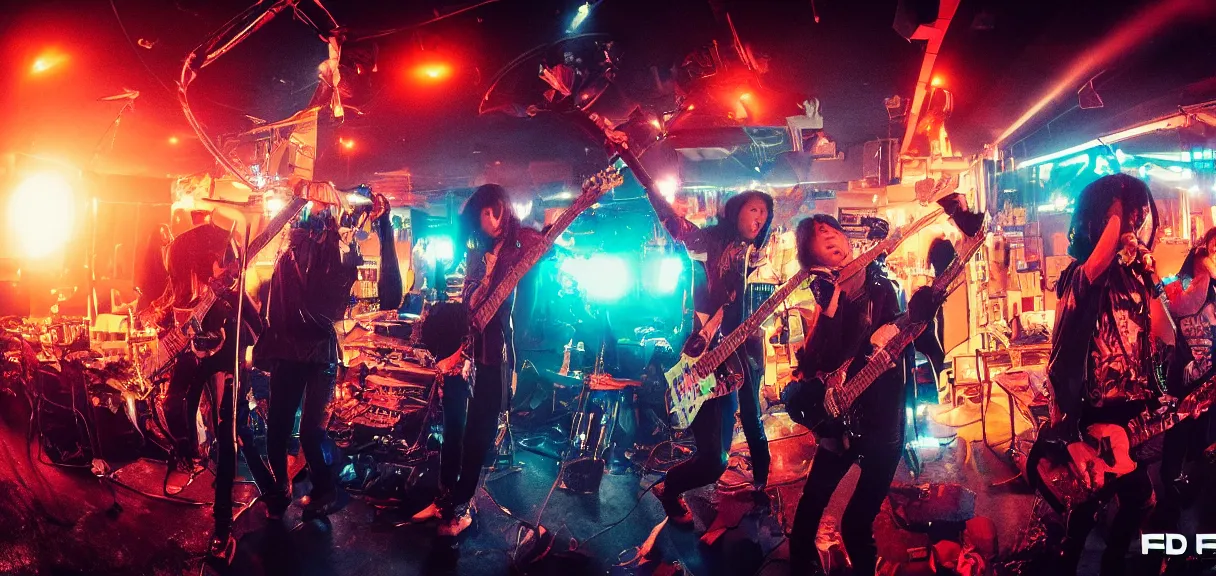 Image similar to The wide shot of disco punk rock Asian band with very long curly dark hair playing on guitars while Godzilla destructs the city and aliens steal their women, top soft box light, night city on the background, flying saucer in the sky, by Lubezki and David Lynch, anamorphic 35 mm lens, cinematic, anamorphic lens flares 4k