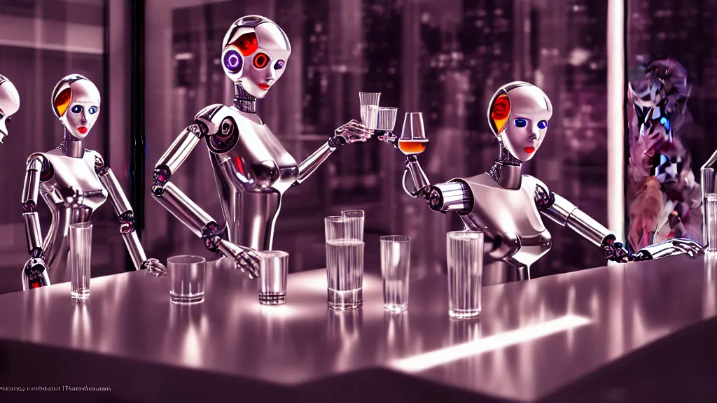 Prompt: female robots drinking alcohol, inside a glass bar, chrome reflections, hyper-realistic, extreme detail, sharp photo, beautiful, cinematic 4K, trending on artstation by Sorayama