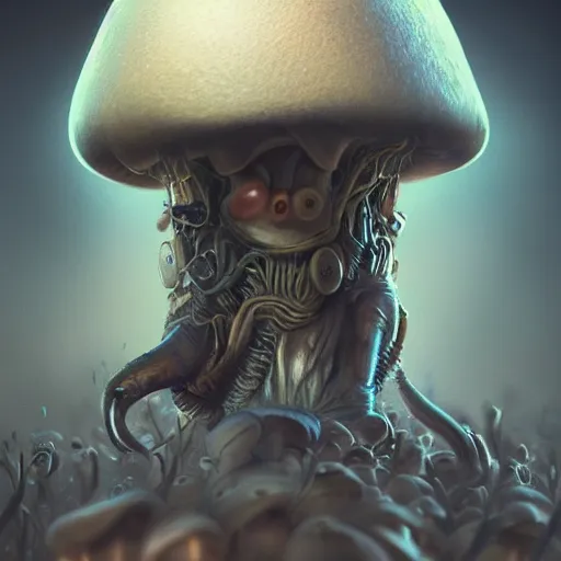 Image similar to mushroom with face, highly detailed, illustration, sci - fi art, cyberpunk, epic, realistic, intricate, hyper detailed, beautiful lighting, emotional, artstation, concept art, smooth, sharp focus, ray tracing