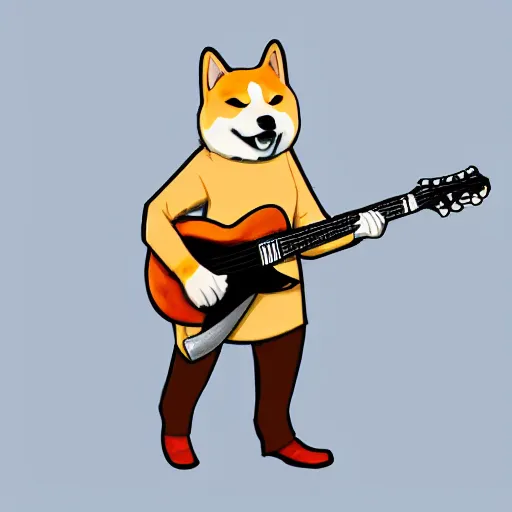 Image similar to shiba inu man, anthropomorphic, Anthro, furry, plays guitar, Artstation