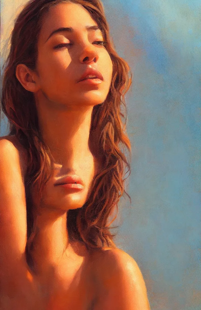 Image similar to a face portrait of a beautiful girl enjoying the warm sunlight, cuban setting, warm colors, soft lighting, atmospheric, cinematic, moody, in the style of diego koi, gina heyer, luiz escanuela, art by alyssa monk, hyperrealism, rule of thirds, golden ratio, oil on canvas, 8 k