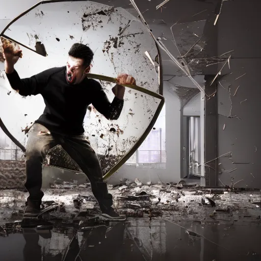 Prompt: incredible cinematic image of young angry man fighting to himself while breaking a large mirror, debris everywhere, studio shot, dynamic lighting, high definition, highly detailed, photo-realistic, unreal engine render, 16k