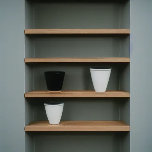 Prompt: 3 empty shelves on a light grey wall, Off-White, realistictic, color film photography by Tlyer Mitchell, 35 mm, graflex