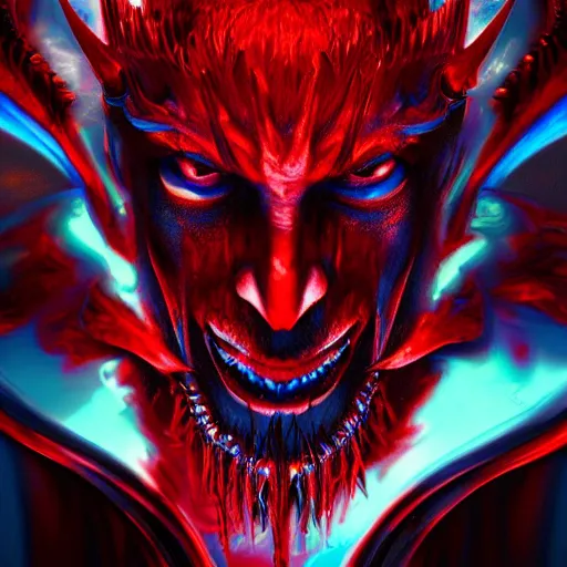 Image similar to Photorealistic devil king. Hyperdetailed photorealism, 108 megapixels, amazing depth, glowing rich colors, powerful imagery, psychedelic Overtones, 3D finalrender, 3d shading, cinematic lighting, artstation concept art