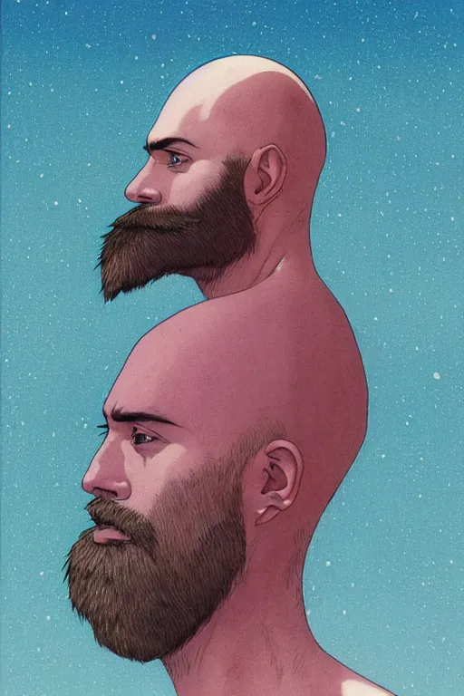 Image similar to a colorful closeup portrait of a young bald man with a very long wild beard dreaming psychedelic hallucinations in the vast icy landscape of antarctica, by kawase hasui, moebius and edward hopper, colorful flat surreal design, hd, 8 k, artstation