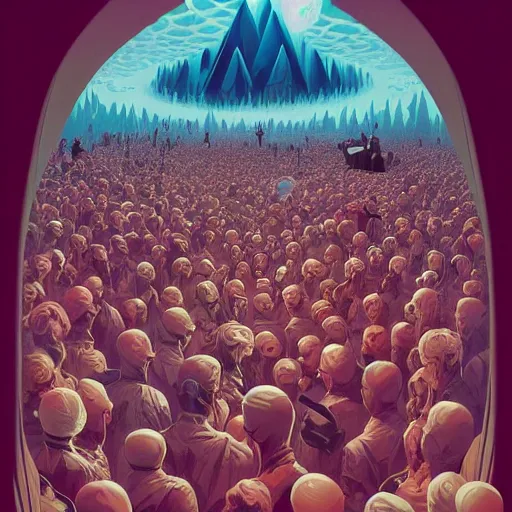 Image similar to poster artwork by Michael Whelan and Tomer Hanuka, Karol Bak of collective satori in a huge crowd, visual representation of collective consciousness, from scene from Twin Peaks, clean, simple illustration, nostalgic, domestic, full of details