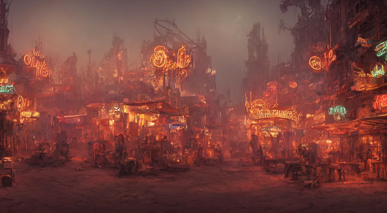 Image similar to a steampunk village in the desert at night, junk everywhere, neon lights, neon signs, magical atmosphere, mist, steam, photo realistic, 35mm, Matte painting, octane render, 8k, corona render, movie concept art by albert kiefer