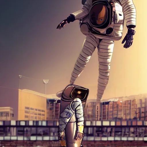 Image similar to a fashion model in astronaut helmet, creative, brown skin, digital art, photo manipulation, artstation, standing, cyberpunk, giant, street, duck shoes, up there, photoshop, people