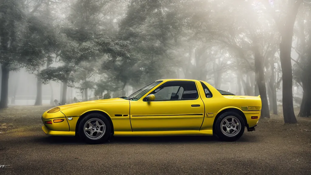 Image similar to a yellow jdm mazda rx 7, cinematic, nikon d 7 5 0, long exposure, white balance, 8 k, led, lumen global illumination, fog, ray tracing reflections, fxaa, rtx, post - production