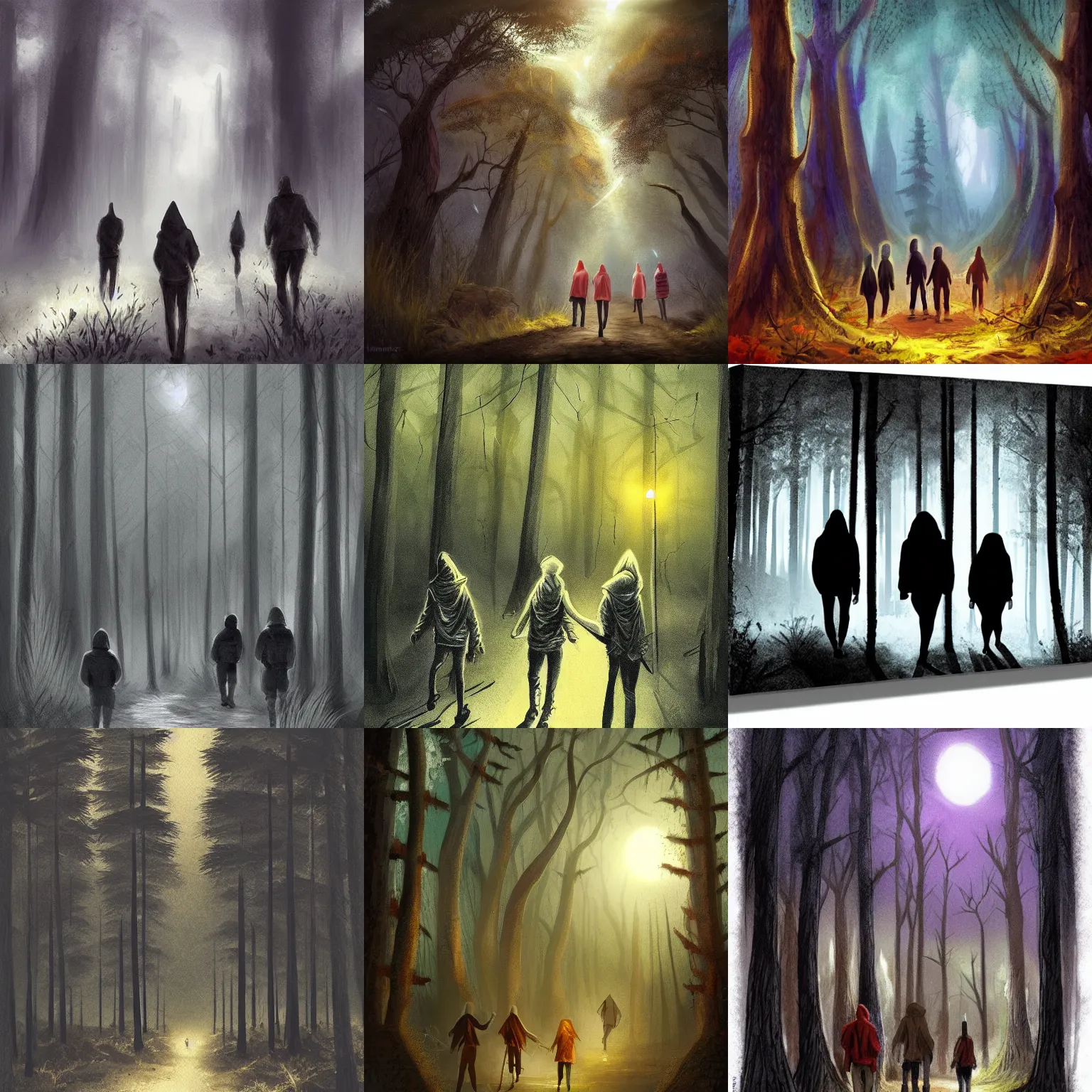 Prompt: a group of with hoodies walking in a forest at night, dnd, dramatic, fantasy art