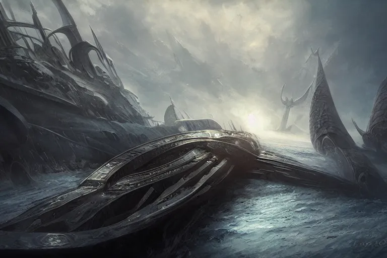 Prompt: Trireme, Charybdis by HR Giger, by Jessica Rossier and cinematic concept painting