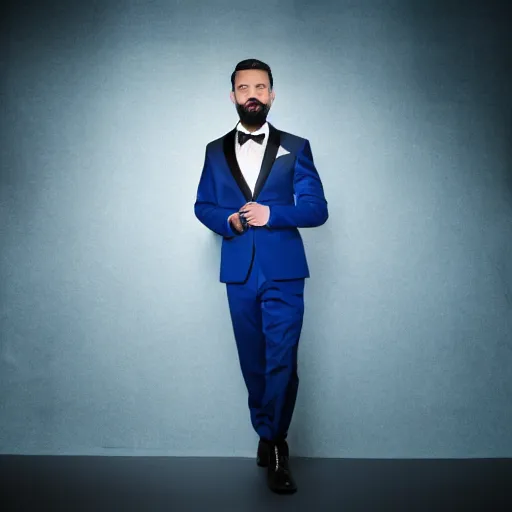 Image similar to a studio photograph of a blue lion wearing a tuxedo suit,professional photography,studio lighting,studio photo,professional lighting,3 point lighting,dramatic,4k,detailed face,hyperdetailed,photorealistic