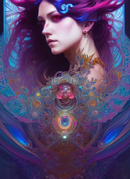 Image similar to hyper detailed ultra sharp of a beautiful mystical trance girl. trending on artstation, gothpunk aesthetic, psywave, colorful, psychedelic, ornate, intricate, digital painting, concept art, smooth, sharp focus, illustration, art by artgerm and greg rutkowski and alphonse mucha, 8 k
