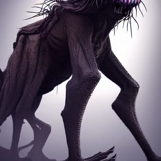 Image similar to tall bipedal creature in the darkness, long claws, large long pointy teeth, drooling, hunched over, hairless, dark cavern, no light, highly intricate, detailed, 8 k