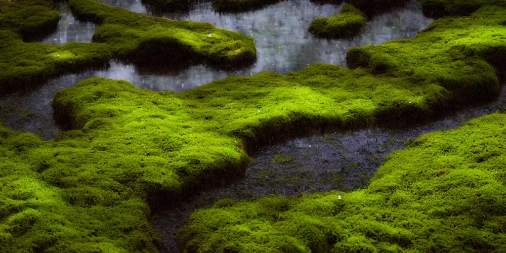 Image similar to gorgeous fields of moss landscape with glistening water in the background, landscape, beautiful, intricate details, highly detailed, sharp focus, concept art, digital painting, trending on artstation, still, screenshot, photo, photograph