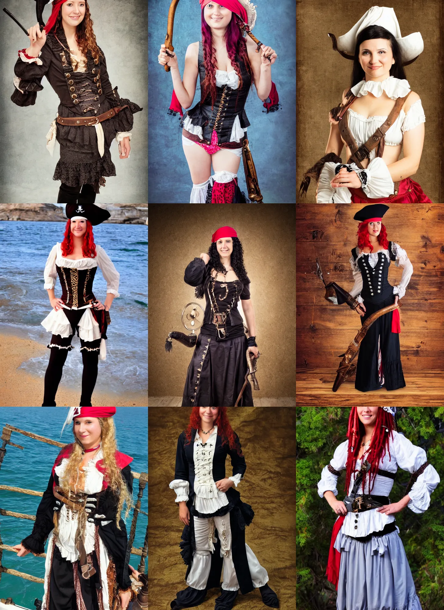 Prompt: full body photograph of a lady pirate with a beautiful face