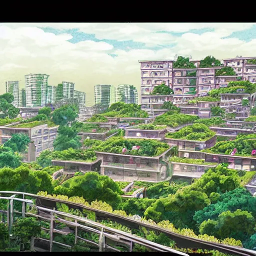 Prompt: a sprawling city landscape in an abandoned east asian country, highrise buildings, vines and weeds growing from the balconies, plants sprouting from the concrete, intricate, elegant, smooth, sharp focus, illustration, art by Studio Ghibli