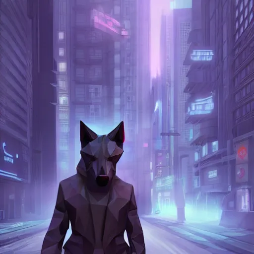 Prompt: Playstation 1 PS1 low poly foggy graphics portrait of furry anthro anthropomorphic wolf animal person fursona wearing clothes in a futuristic cyberpunk foggy city alleway. Artstation, CGSociety