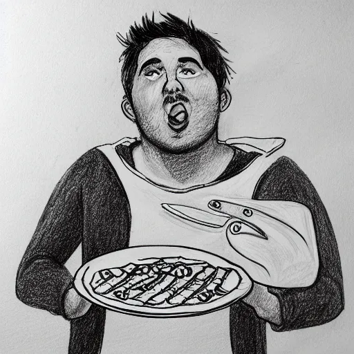 Image similar to drawing of a man eating pizza by huskmitnavn, black and white