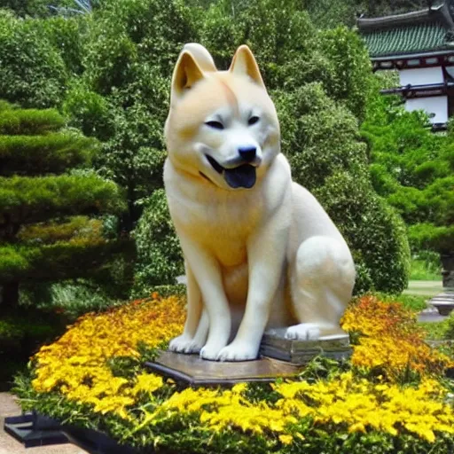 Image similar to A golden statue of an akita ken, shiny, flowers, royal, temple, holy