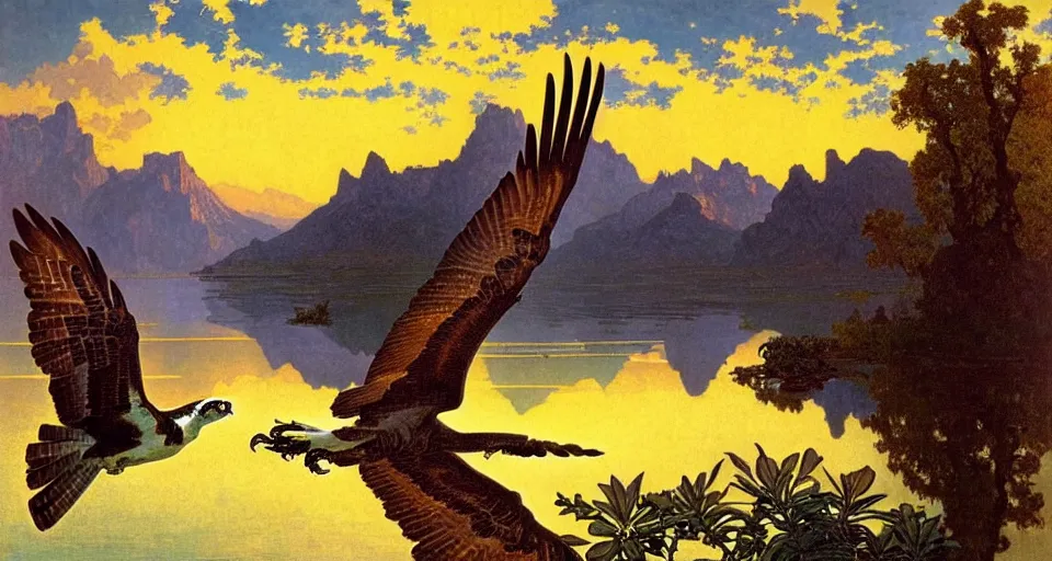 Prompt: an osprey in flight over a spectacular mountain lake at golden hour. art nouveau. surrealism. by albert bierstadt, alphonse mucha and julie dillon.