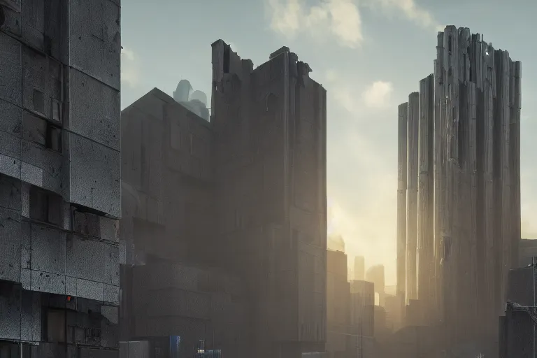 Image similar to streetscape, a towering cathedral of brutalist architecture, buildings covered with greebles, stunning volumetric light, sunset, metal, concrete and translucent material, stunning skies, majestic landscape, trending on Artstation, 8k, photorealistic, hyper detailed, unreal engine 5, IMAX quality, cinematic, epic lighting, in the style of Greg Rutkowski