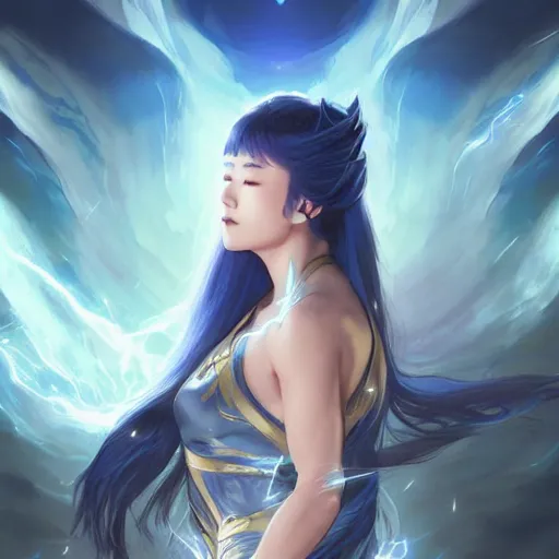 Prompt: japanese lightning goddess, wearing elemental energy d & d, blue color palette, highly detailed, digital painting, artstation, concept art, sharp focus, illustration, cinematic lighting, art by artgerm and greg rutkowski and alphonse mucha