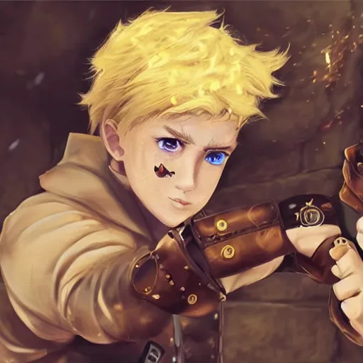 Image similar to A blonde boy wearing steampunk wristband that launches out a grapple using steam canisters, epic fantasy art style HD, SHINZOU WO SASAGEYO