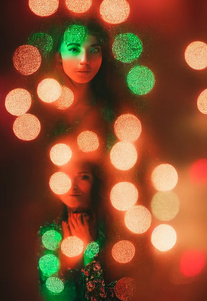 Image similar to photograph of a beautiful woman illuminated by red and green light , night , 85 mm f1.4