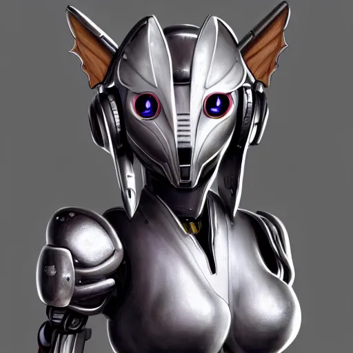 Image similar to close up bust of a cute stunning robot anthropomorphic female dragon, with sleek silver armor, wearing headphones made of wood, detailed digital art, furry art, warframe art, destiny art, high quality, 3D realistic, Furaffinity, Deviantart