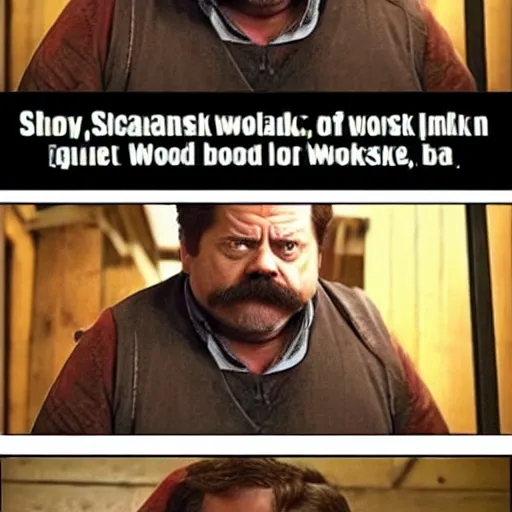 Image similar to ron swanson is a dwarven cleric trying to pick the lock of a wooden door in the side of a warehouse. he is frustrated.