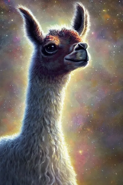 Image similar to beautiful oil painting with high detail of a llama made of stars and plasma, hybrid from dungeons and dragons and art direction by James Cameron ;by artgerm; wayne reynolds art station; cinematic quality character render; low angle; ultra high quality model; production quality cinema model, daily deviation, masterpiece anthro art, llama