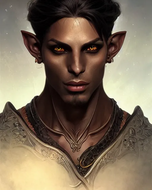 Prompt: a male dark elf pirate, fantasy character portrait, ultra realistic, intricate, elegant, highly detailed, digital painting, artstaion, smooth, sharp, focus, illustration, art by artgerm and greg rutkowski and alphonse mucha