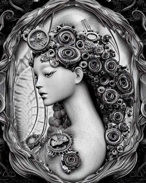 Image similar to mythical dreamy black and white organic bio-mechanical spinal ribbed profile face portrait detail of translucent steampunk beautiful siamese sisters females angelic-human-queen-vegetal-cyborg, highly detailed, intricate trnaslucent ivy jelly ornate, poetic, translucent roses ornate, 3D render, digital art, octane render, 8K artistic photography, photo-realistic, by Dora Maar