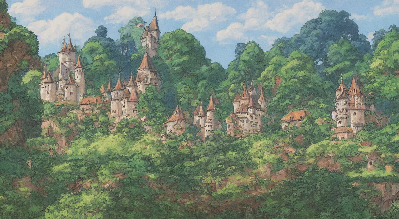 Image similar to a landscape painting of a French castle, with a garden, by Studio Ghibli