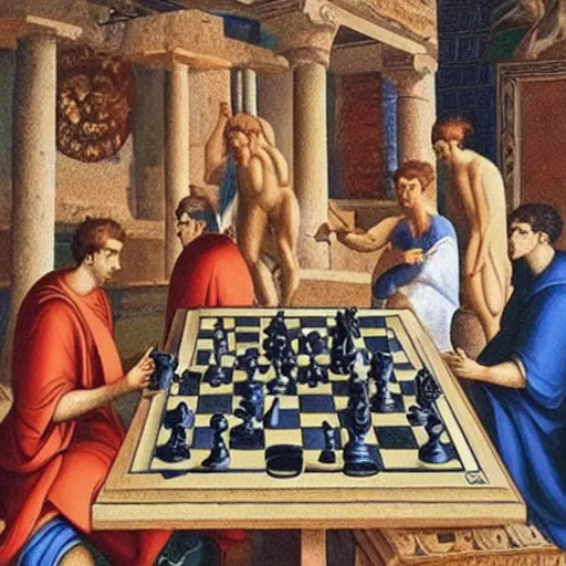 Prompt: Olympus gods playing chess, Greek art