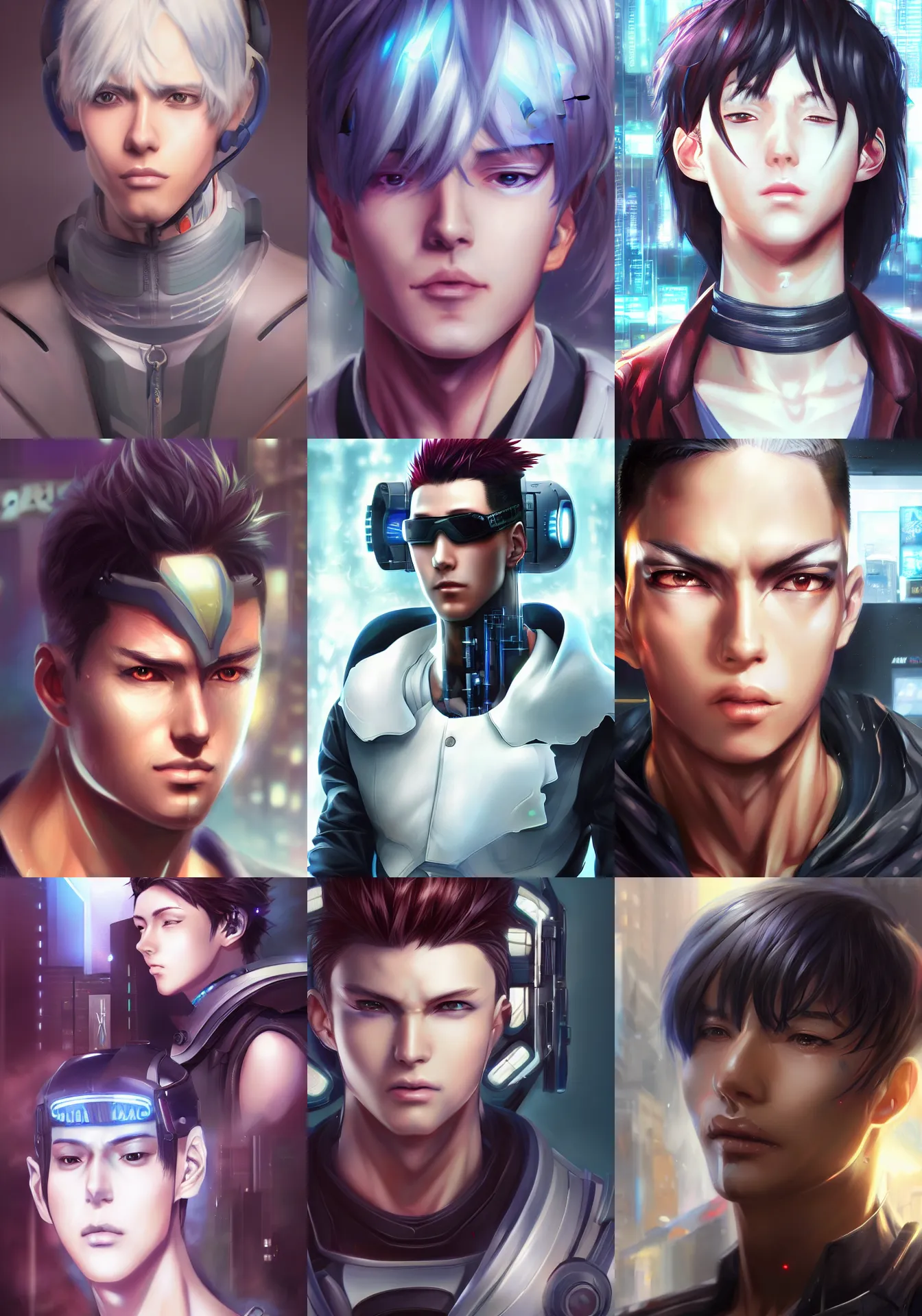 Prompt: A realistic anime portrait of an young cyberpunk man with cybernetic implants, digital painting, by Stanley Artgerm Lau, Sakimichan, WLOP and Rossdraws, digtial painting, trending on ArtStation, SFW version