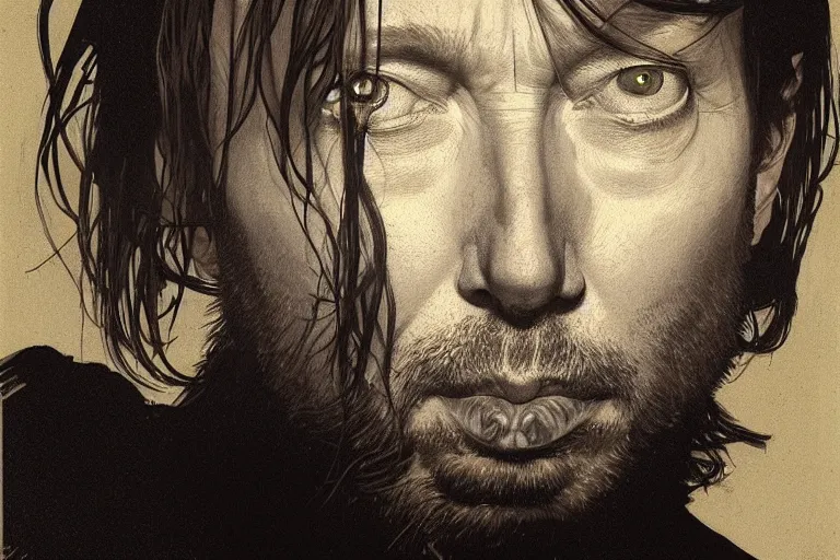 Prompt: hyper realistic portrait of rounder faced thom yorke, bigger nose, bigger chin, sideview, on a stage, by lee bermejo, alphonse mucha and greg rutkowski