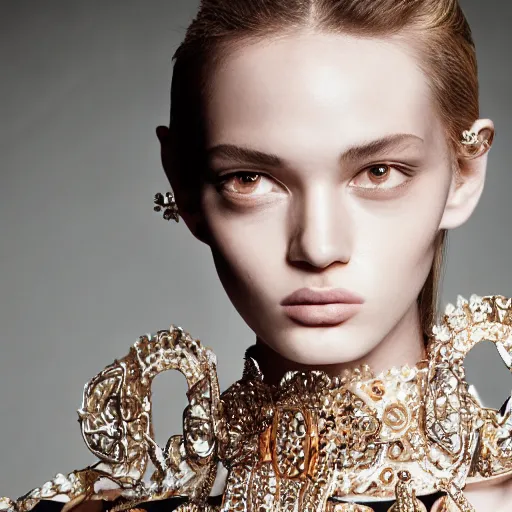 Image similar to close up of face from a fashion model with large valentino dress in parisian luxury studio , official valentino editorial, highly detailed